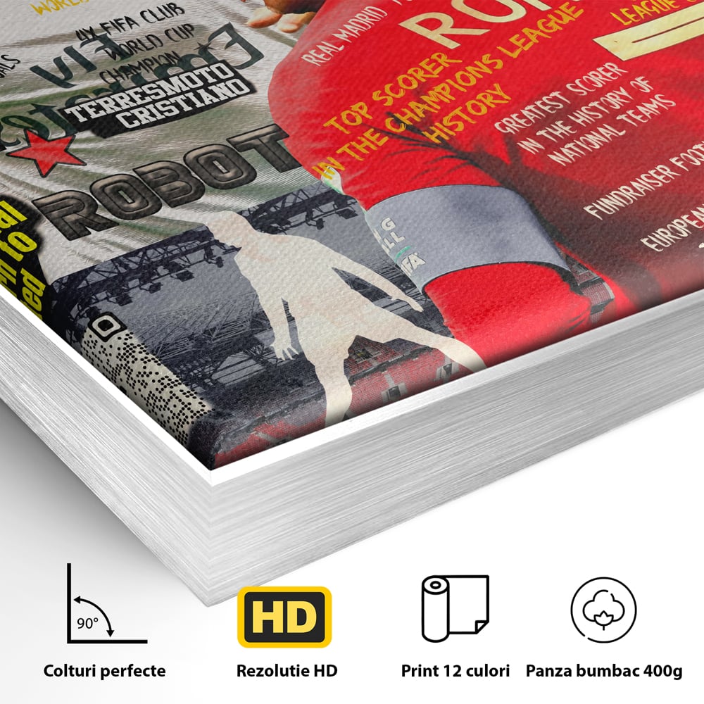 Detaliu al suprafetei: tablou canvas cu cristiano ronaldo, in rama de aluminiu argintiu